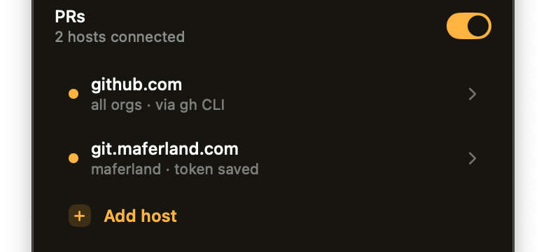 Burn settings screen listing connected Git hosts